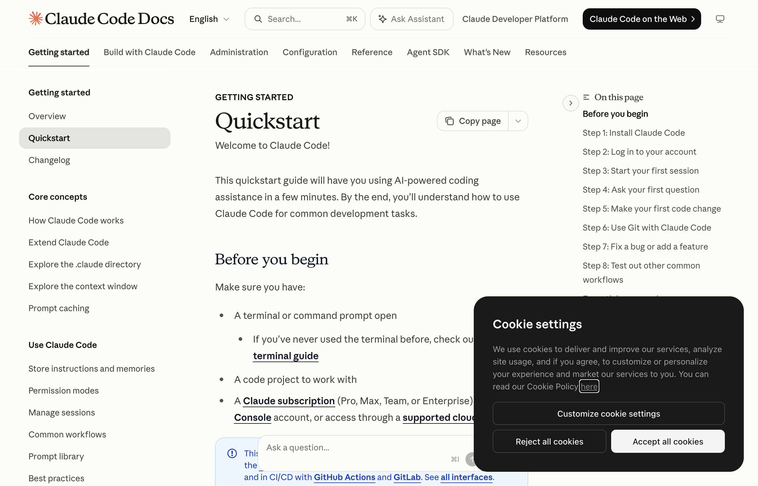 The official Claude Code documentation quickstart page at code.claude.com